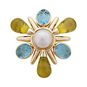 Brooch- Blue Topaz, Lemon Quartz And Pearl (1855D)