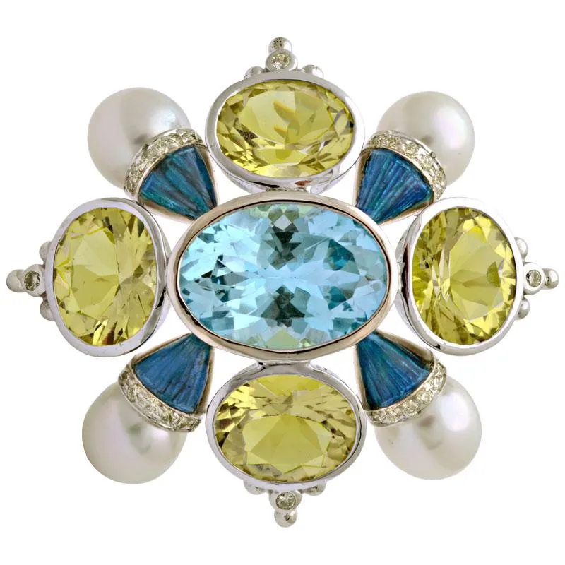 Brooch-Blue Topaz, Lemon Quartz, South Sea Pearl and Diamond (Enamel)  (132AS)