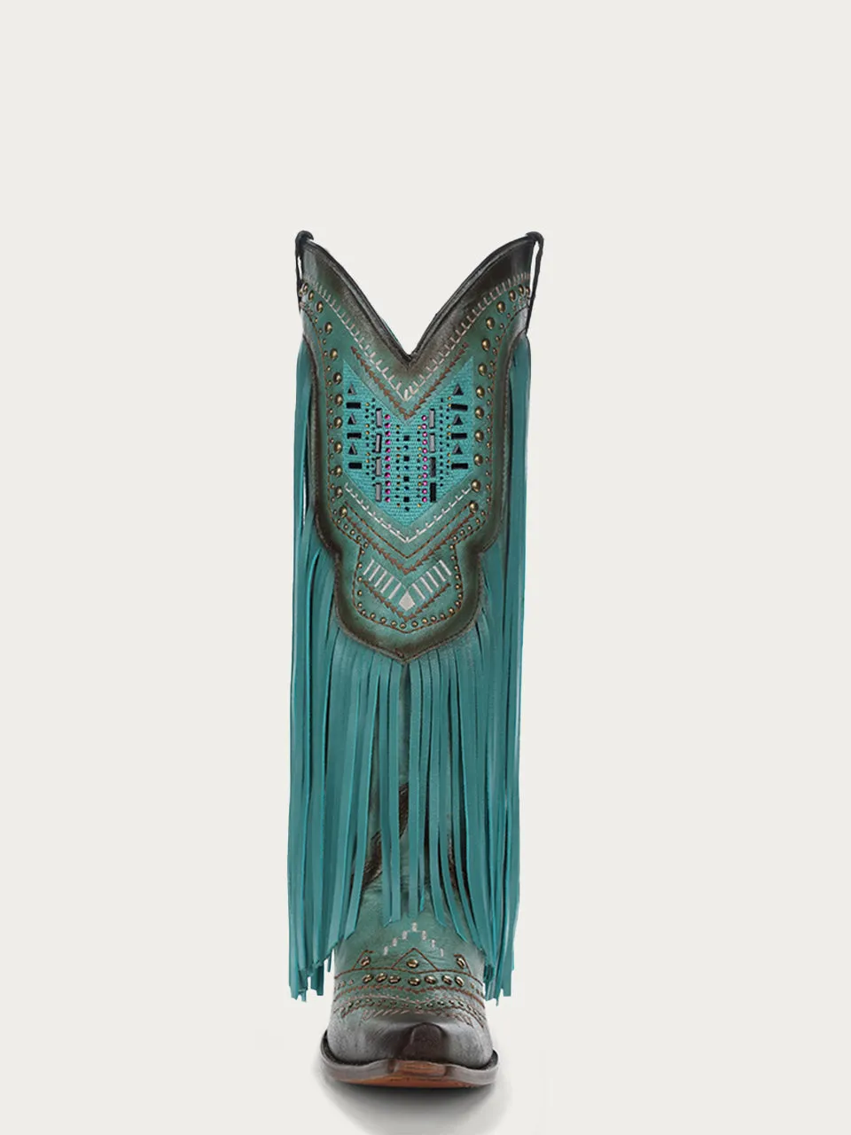 C4077 - WOMEN'S CRYSTALS PATTERN EMBROIDERY AND FRINGE SNIP TOE TURQUOISE COWBOY BOOT