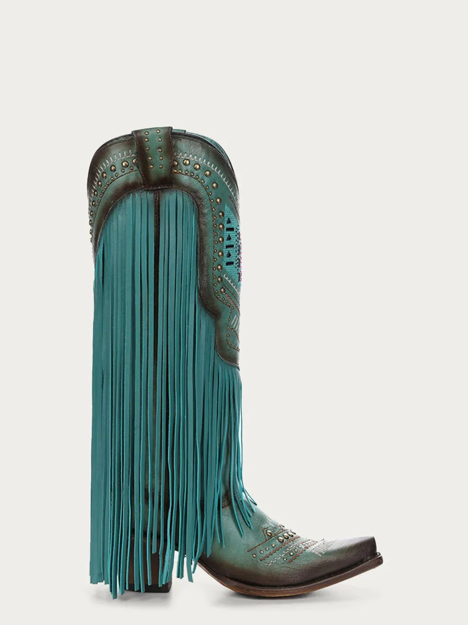 C4077 - WOMEN'S CRYSTALS PATTERN EMBROIDERY AND FRINGE SNIP TOE TURQUOISE COWBOY BOOT