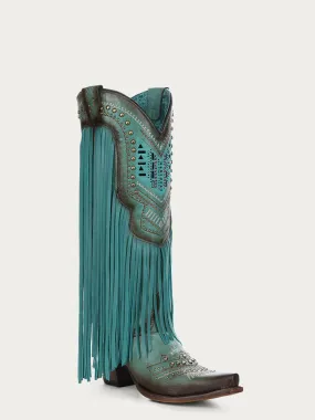 C4077 - WOMEN'S CRYSTALS PATTERN EMBROIDERY AND FRINGE SNIP TOE TURQUOISE COWBOY BOOT