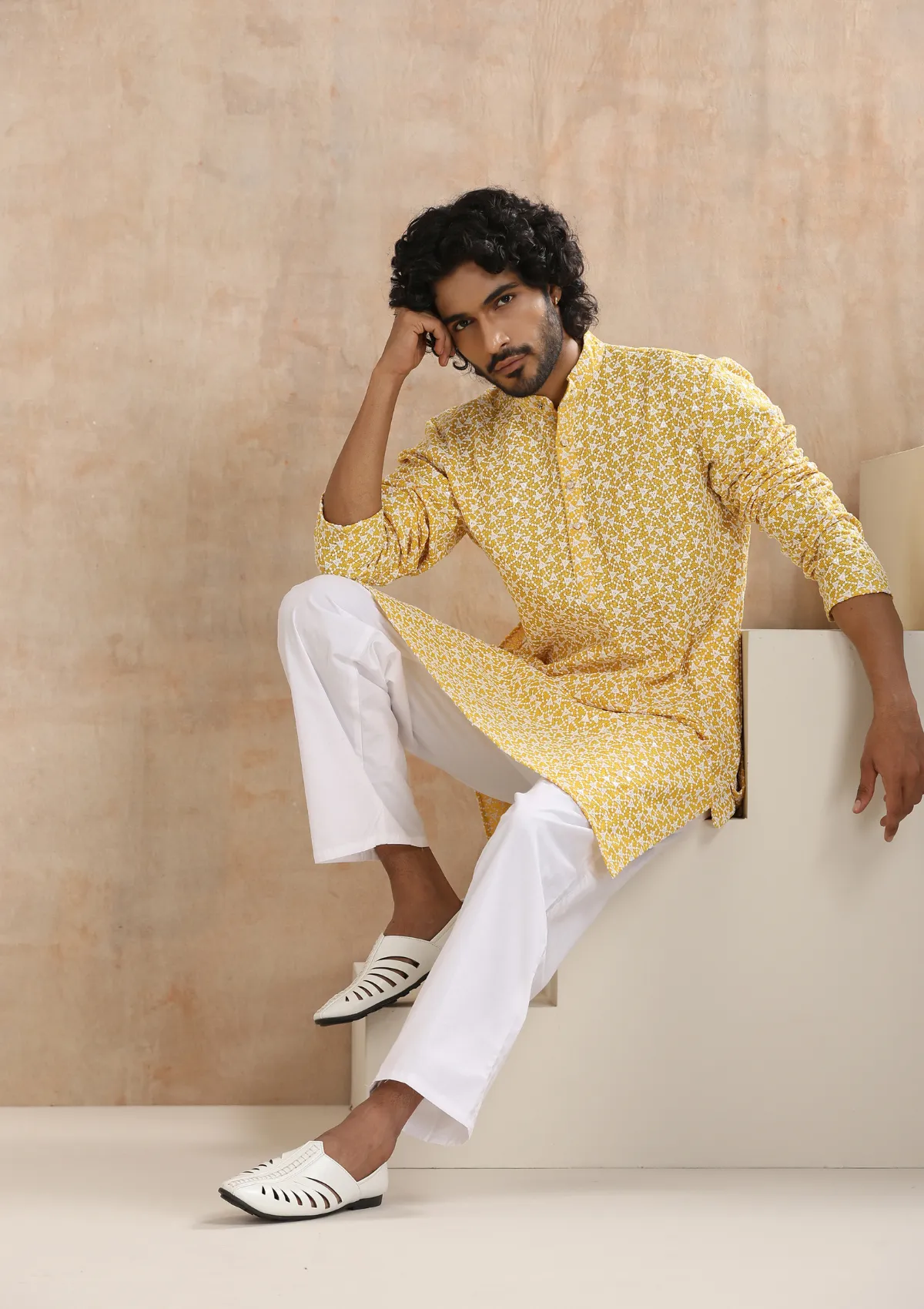 Cotton Blended Schiffli with Sequins Solid Men's Long Kurta - Yellow