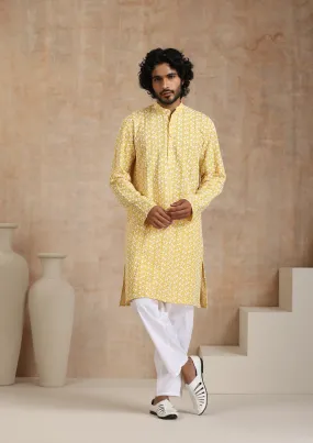 Cotton Blended Schiffli with Sequins Solid Men's Long Kurta - Yellow