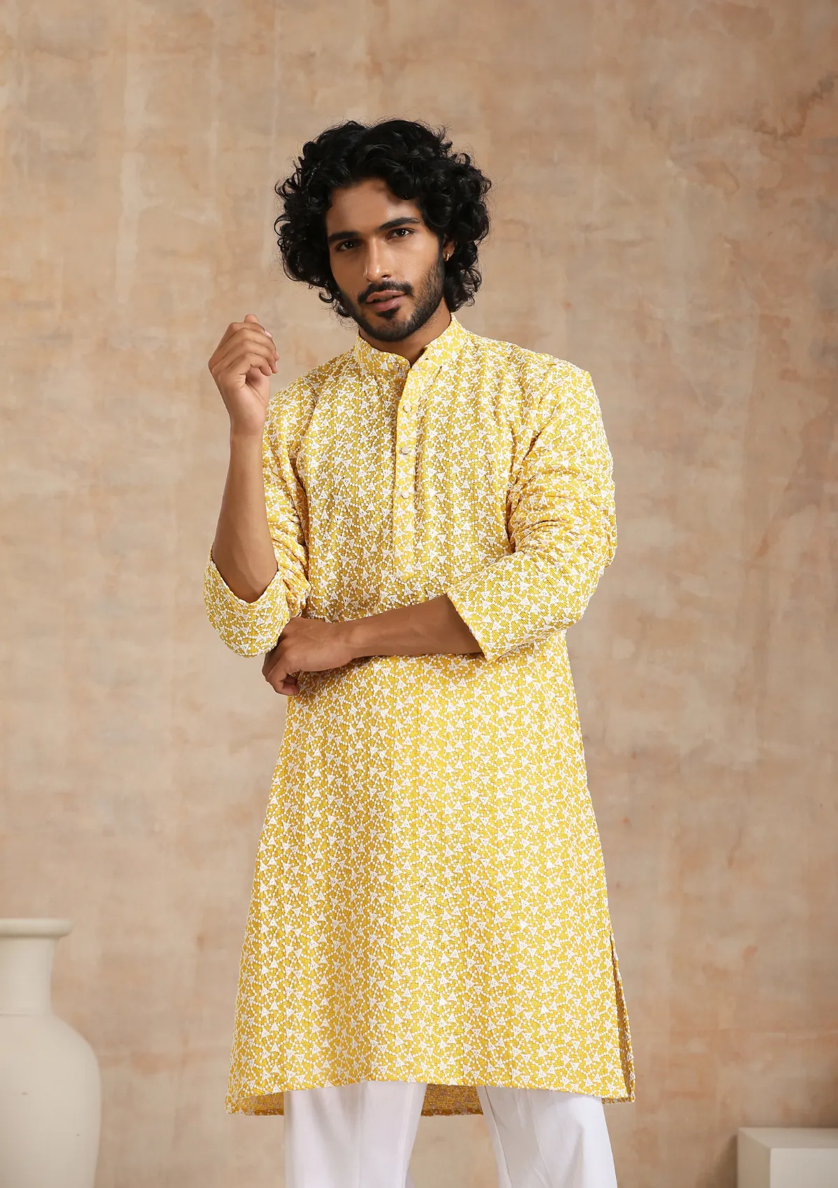 Cotton Blended Schiffli with Sequins Solid Men's Long Kurta - Yellow