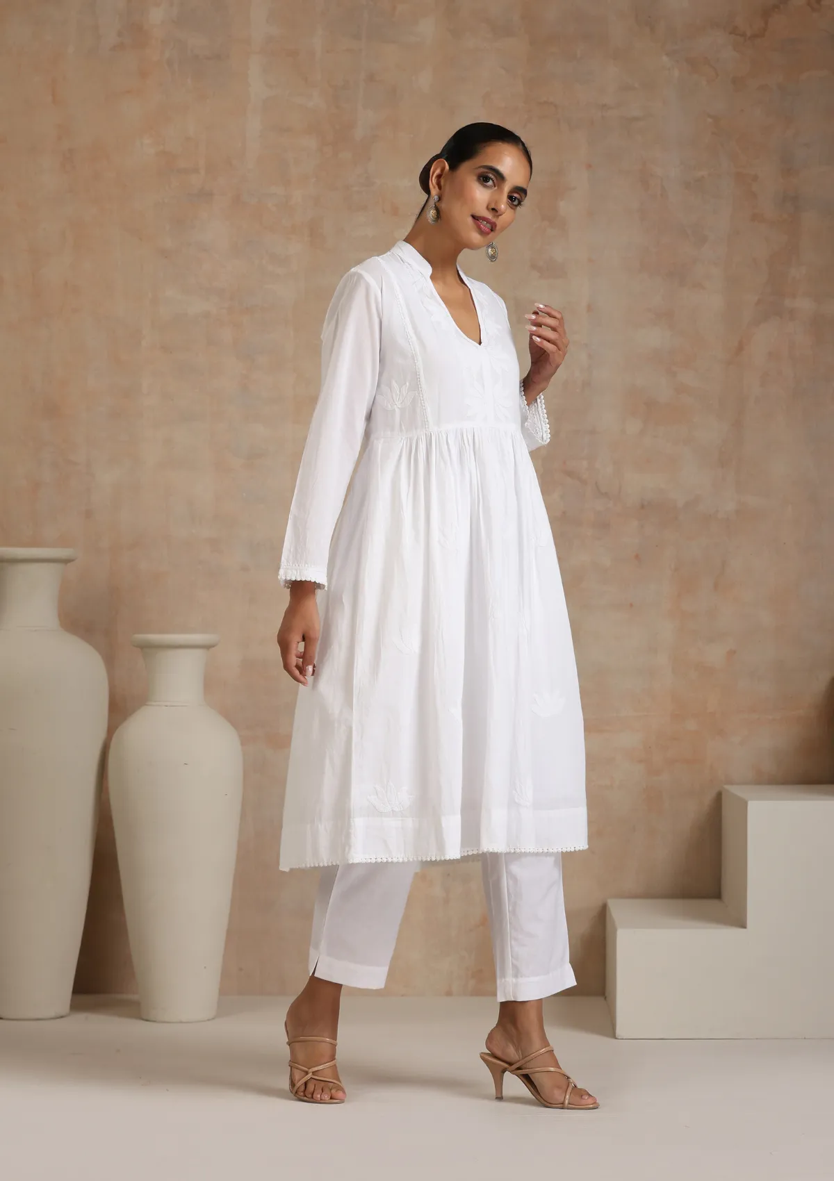 Cotton Chikankari Solid Women's Long Kurta - White