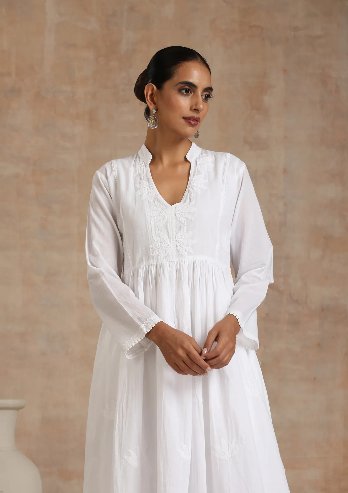 Cotton Chikankari Solid Women's Long Kurta - White