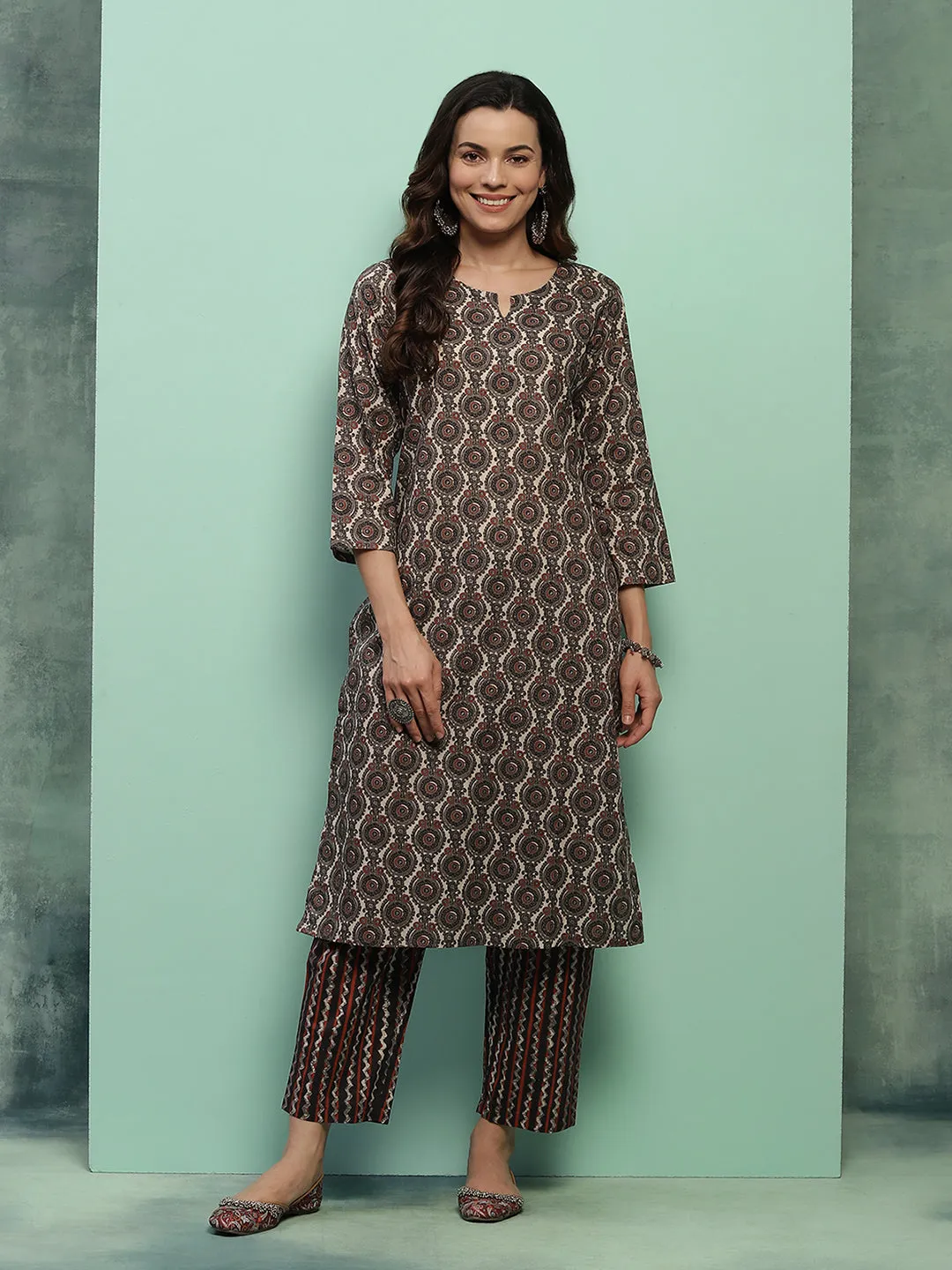 Cotton Printed Women's 2 PC Long Kurta Set - Black