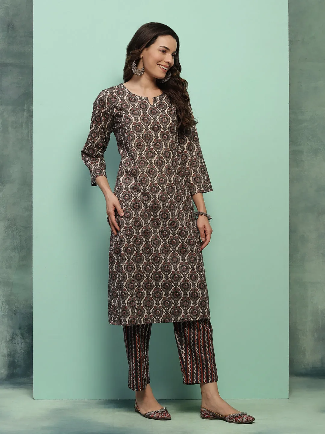 Cotton Printed Women's 2 PC Long Kurta Set - Black