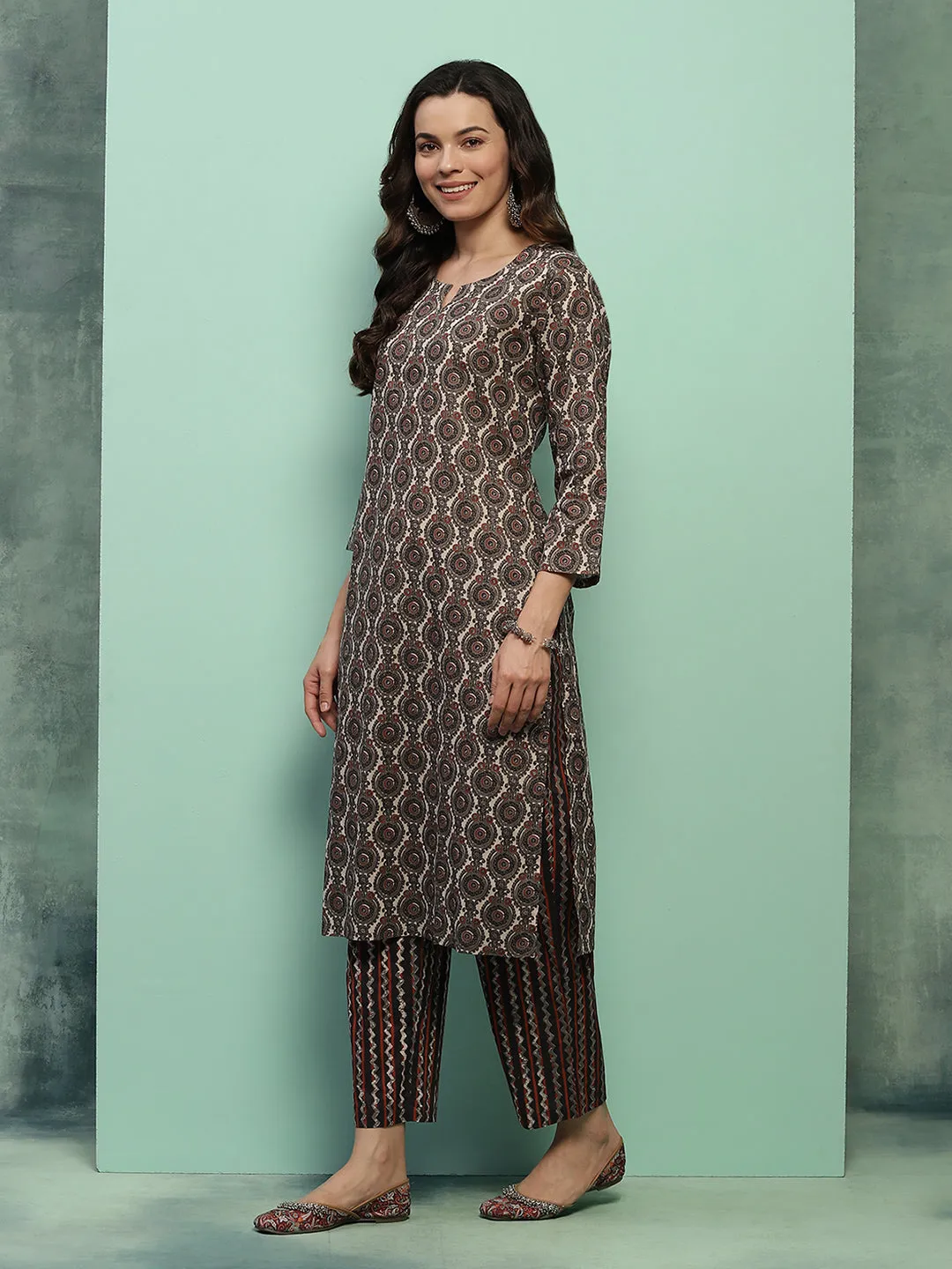 Cotton Printed Women's 2 PC Long Kurta Set - Black