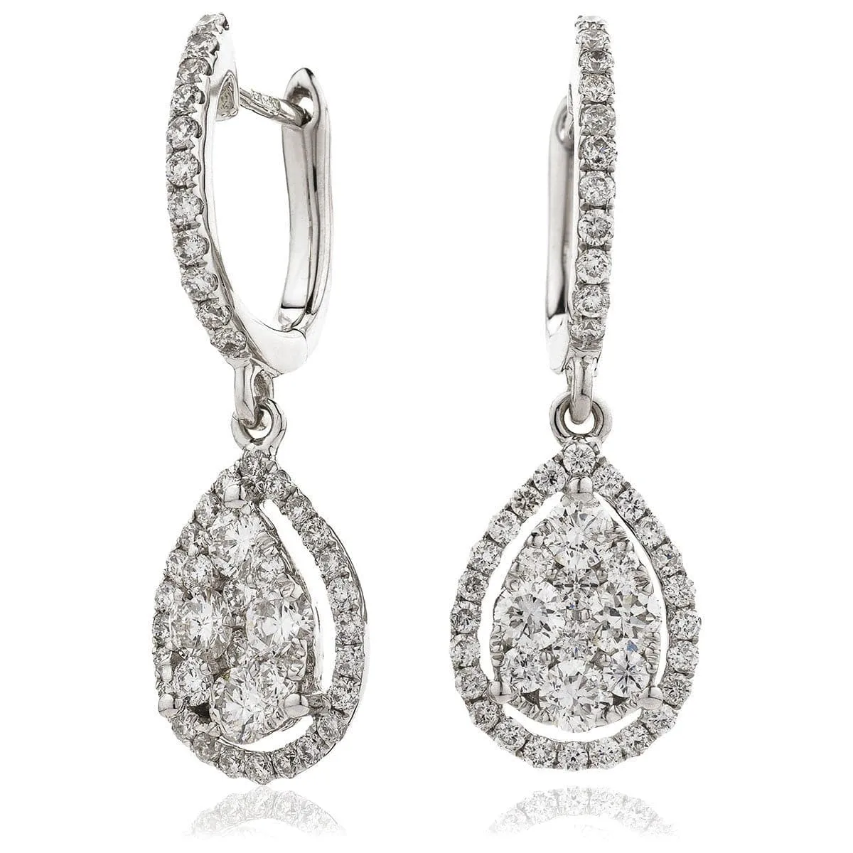 DIAMOND CLUSTER AND HALO DROP EARRINGS IN 18K WHITE GOLD