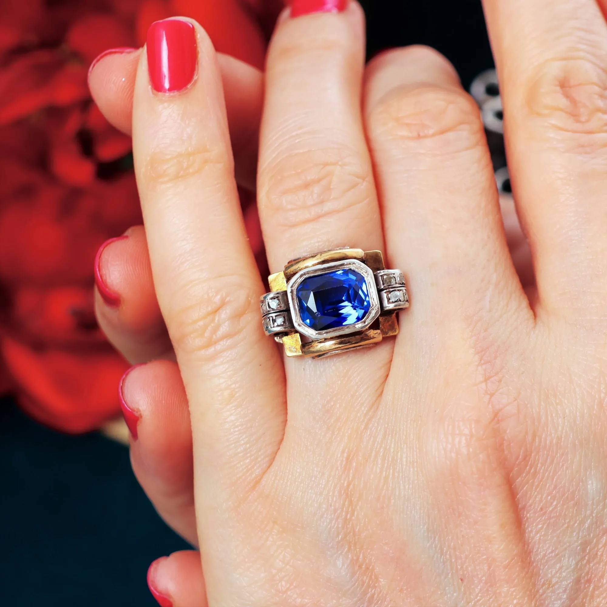 Dramatic Art Deco Sapphire & Diamond Cocktail Ring