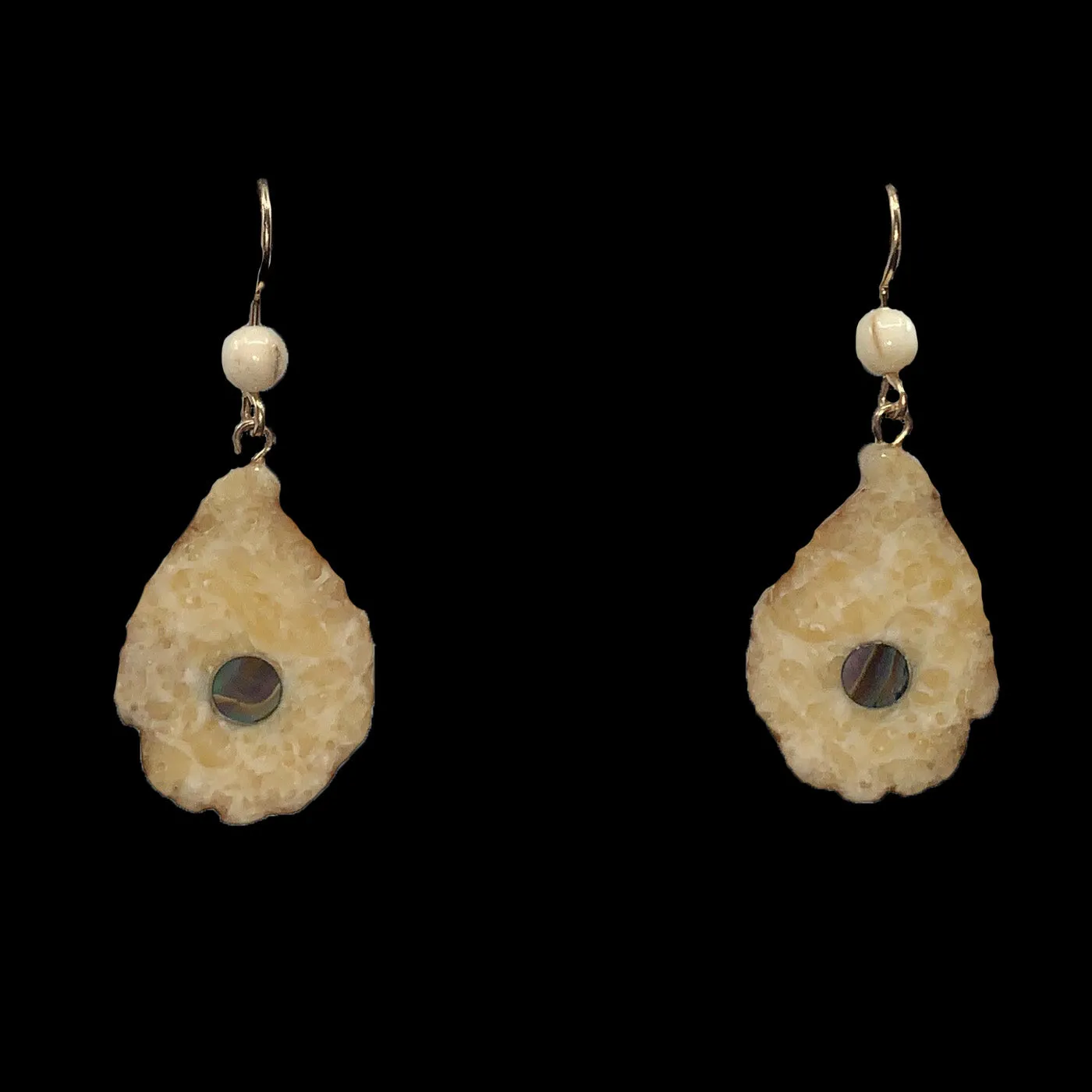 ER-  Ellis; Fossilized Walrus Ivory with Abalone Inlay, Dangles, Leaf Shape