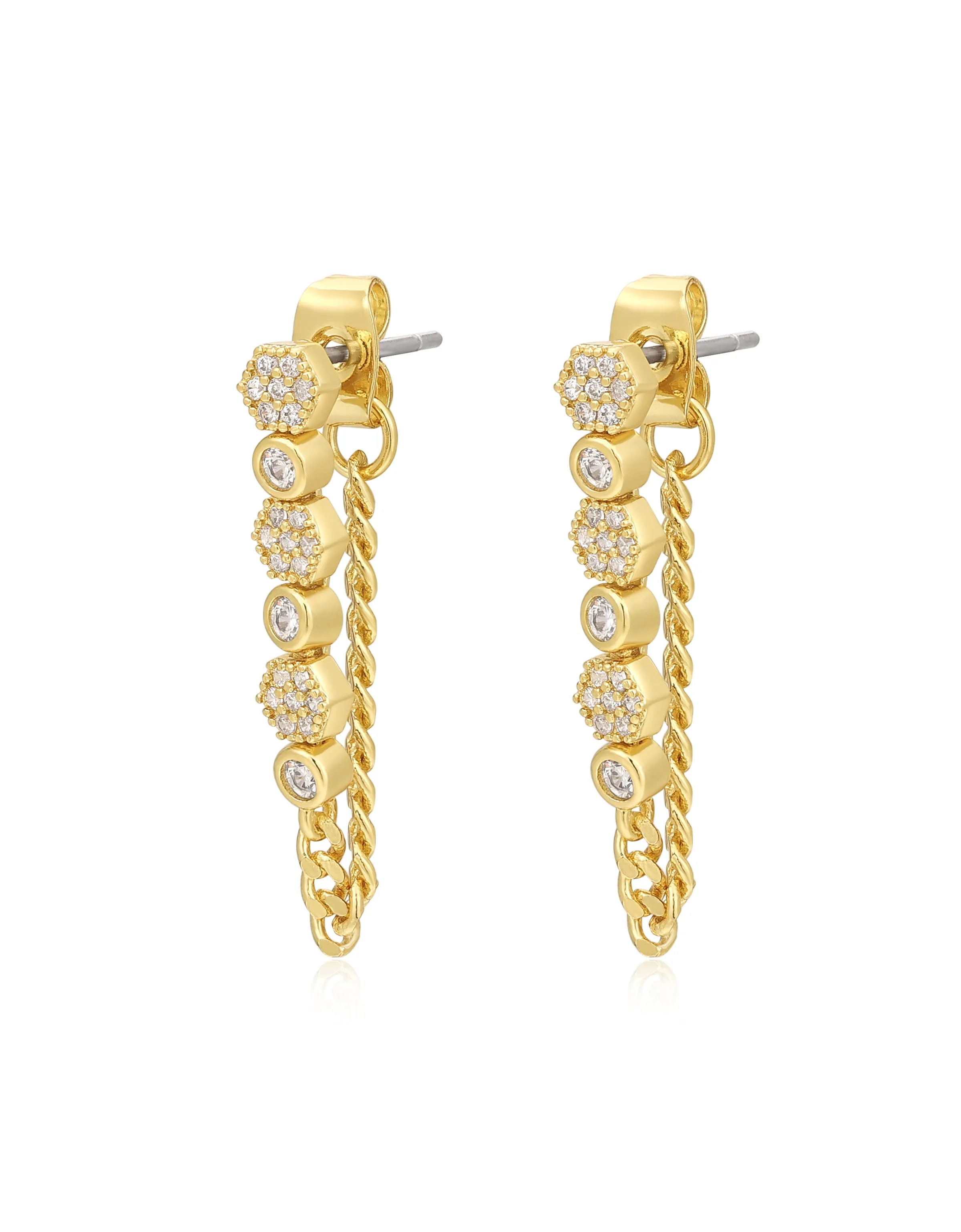 Hex Pave Chain Studs- Gold