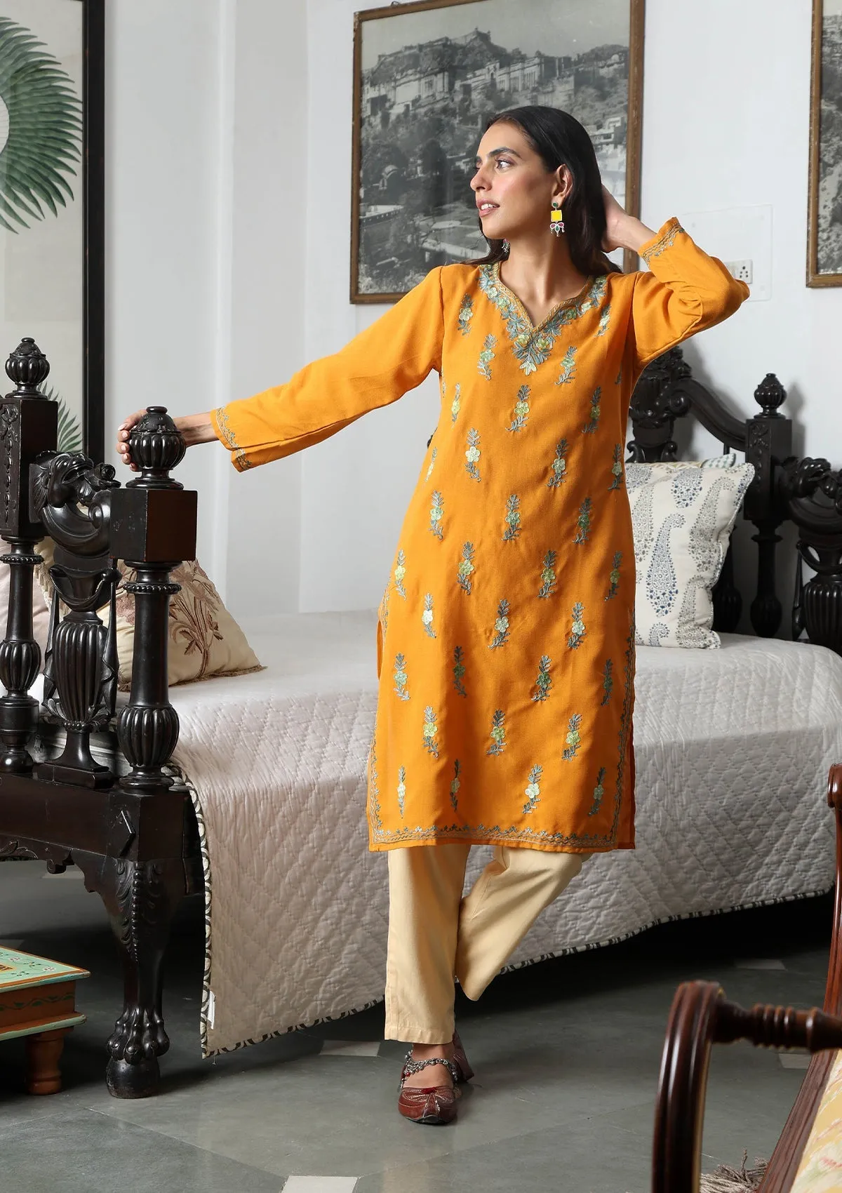 HOC Crafts Aari Embroidered Cotton Solid Women's Long Kurta - Yellow