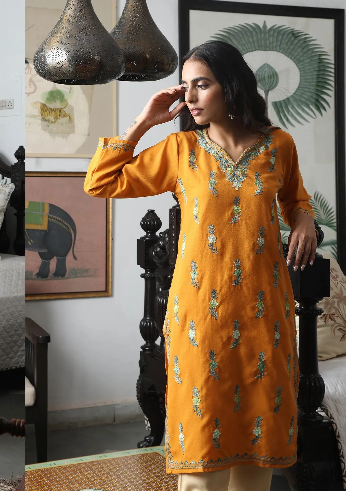 HOC Crafts Aari Embroidered Cotton Solid Women's Long Kurta - Yellow