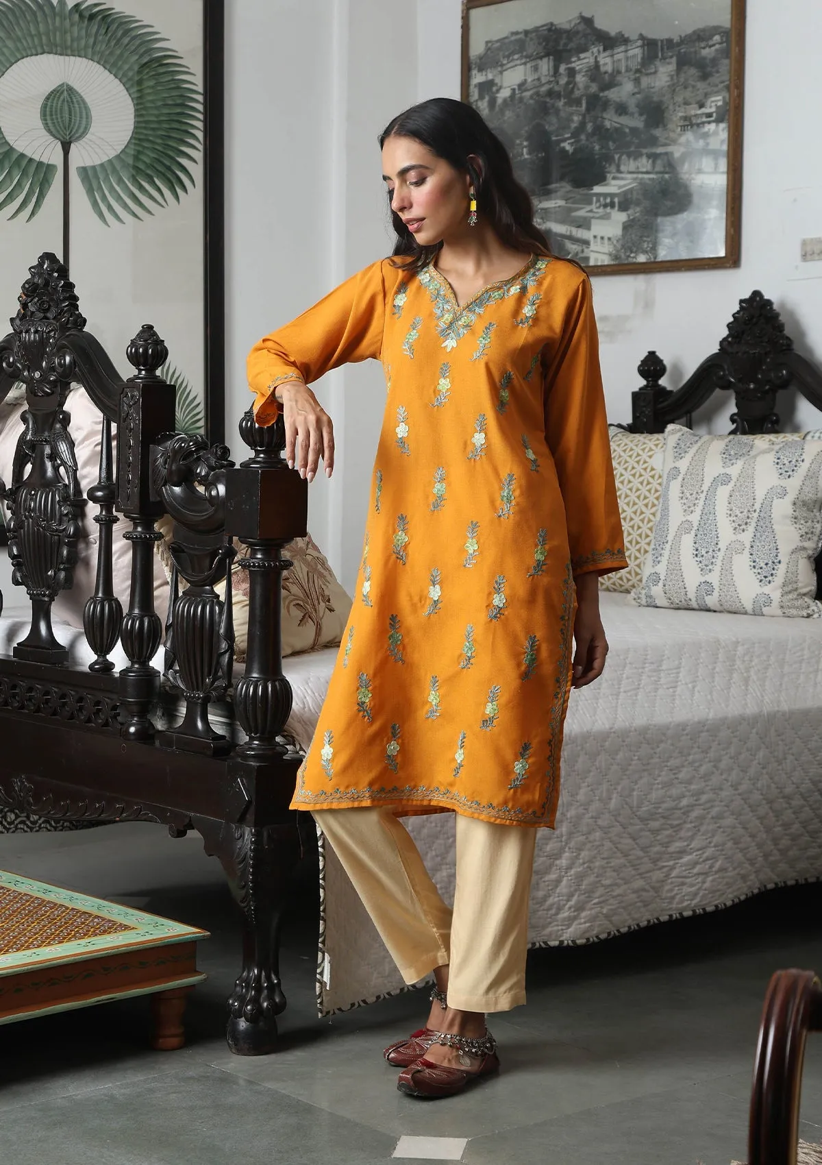 HOC Crafts Aari Embroidered Cotton Solid Women's Long Kurta - Yellow