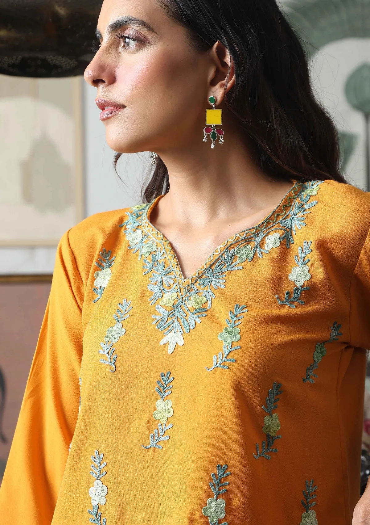 HOC Crafts Aari Embroidered Cotton Solid Women's Long Kurta - Yellow