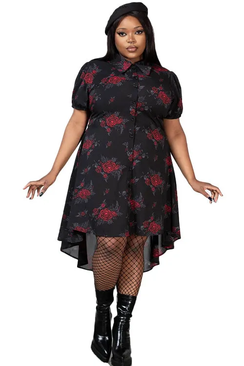 Killstar Pandoras Revenge Shirt Dress Hi-Lo Hem Roses and Skulls