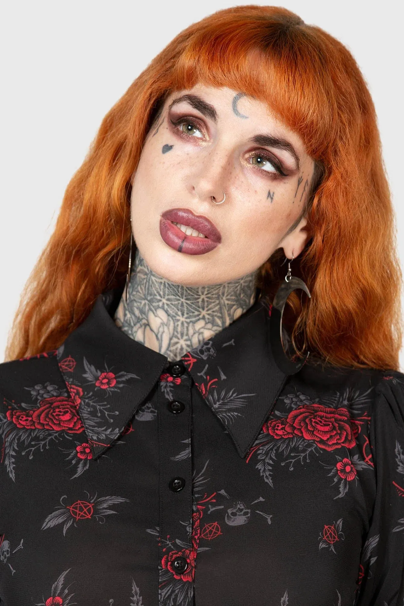 Killstar Pandoras Revenge Shirt Dress Hi-Lo Hem Roses and Skulls