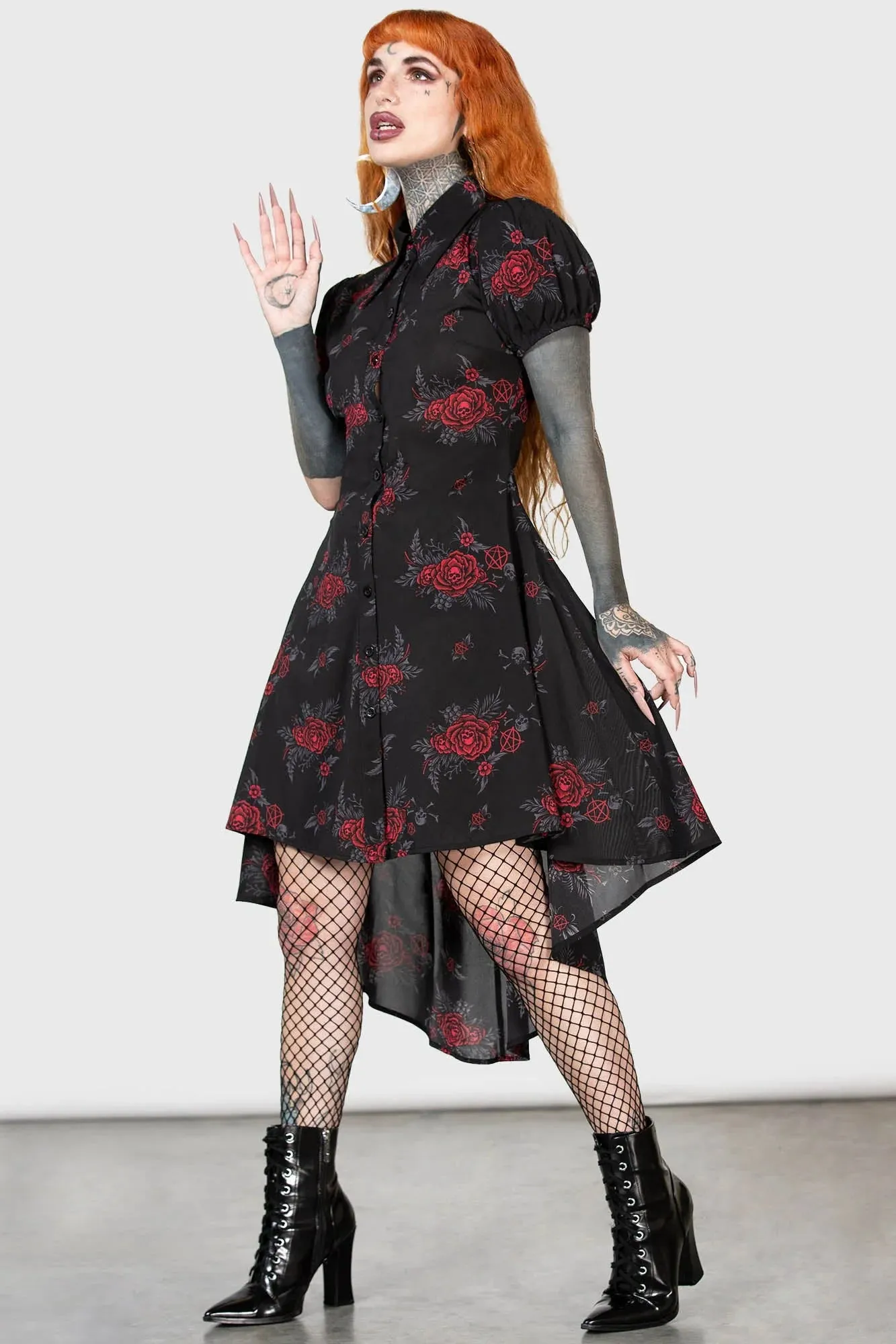 Killstar Pandoras Revenge Shirt Dress Hi-Lo Hem Roses and Skulls