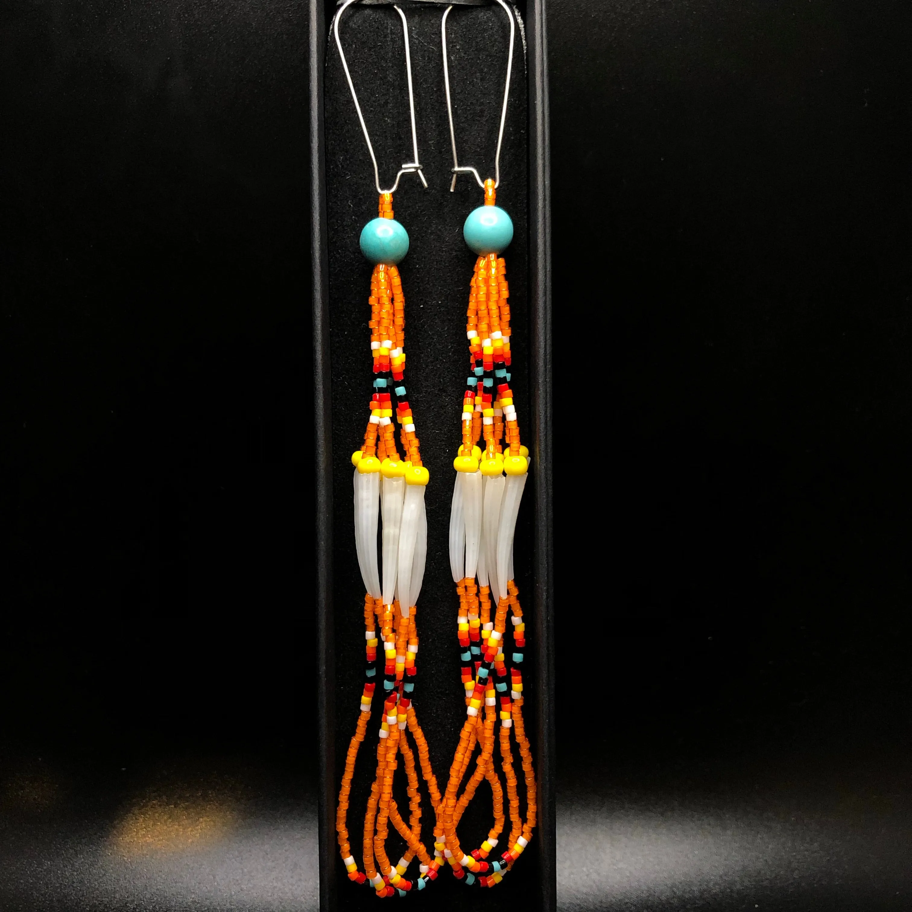 Kylie Kookesh - Iridescent Orange Beaded Dentalium Dangle Earrings