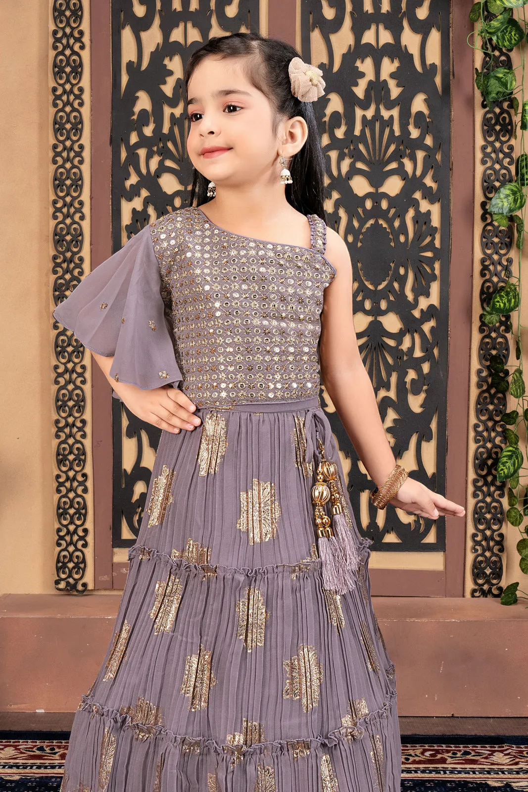 Lilac Sequins and Zari work Lehenga Choli for Girls