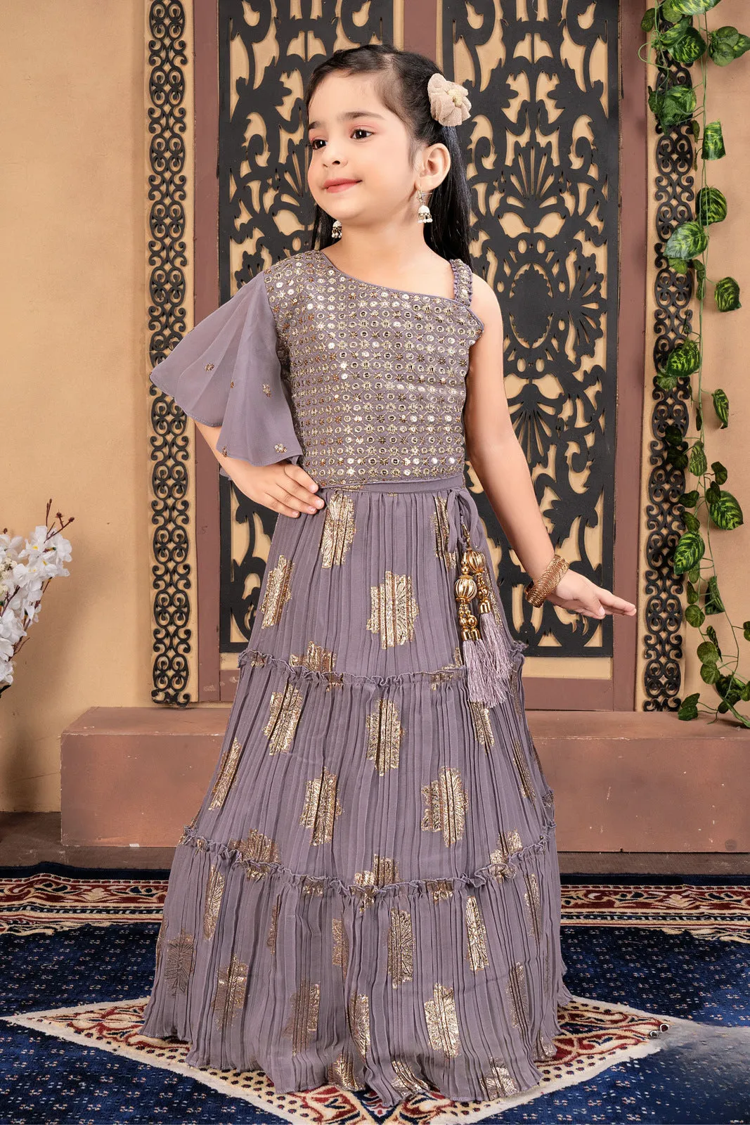 Lilac Sequins and Zari work Lehenga Choli for Girls