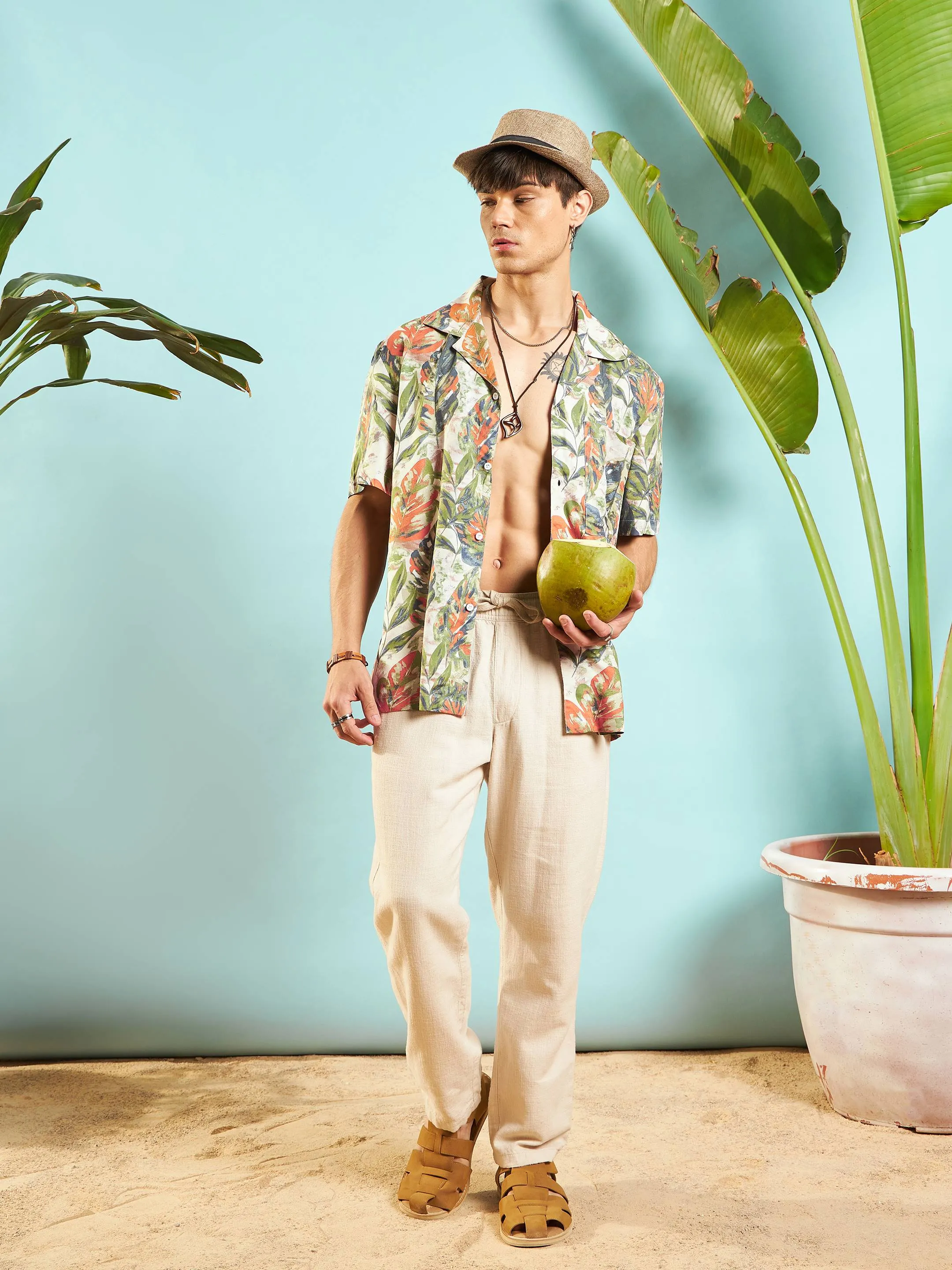 Men Beige Tropical Print Relax Fit Shirt