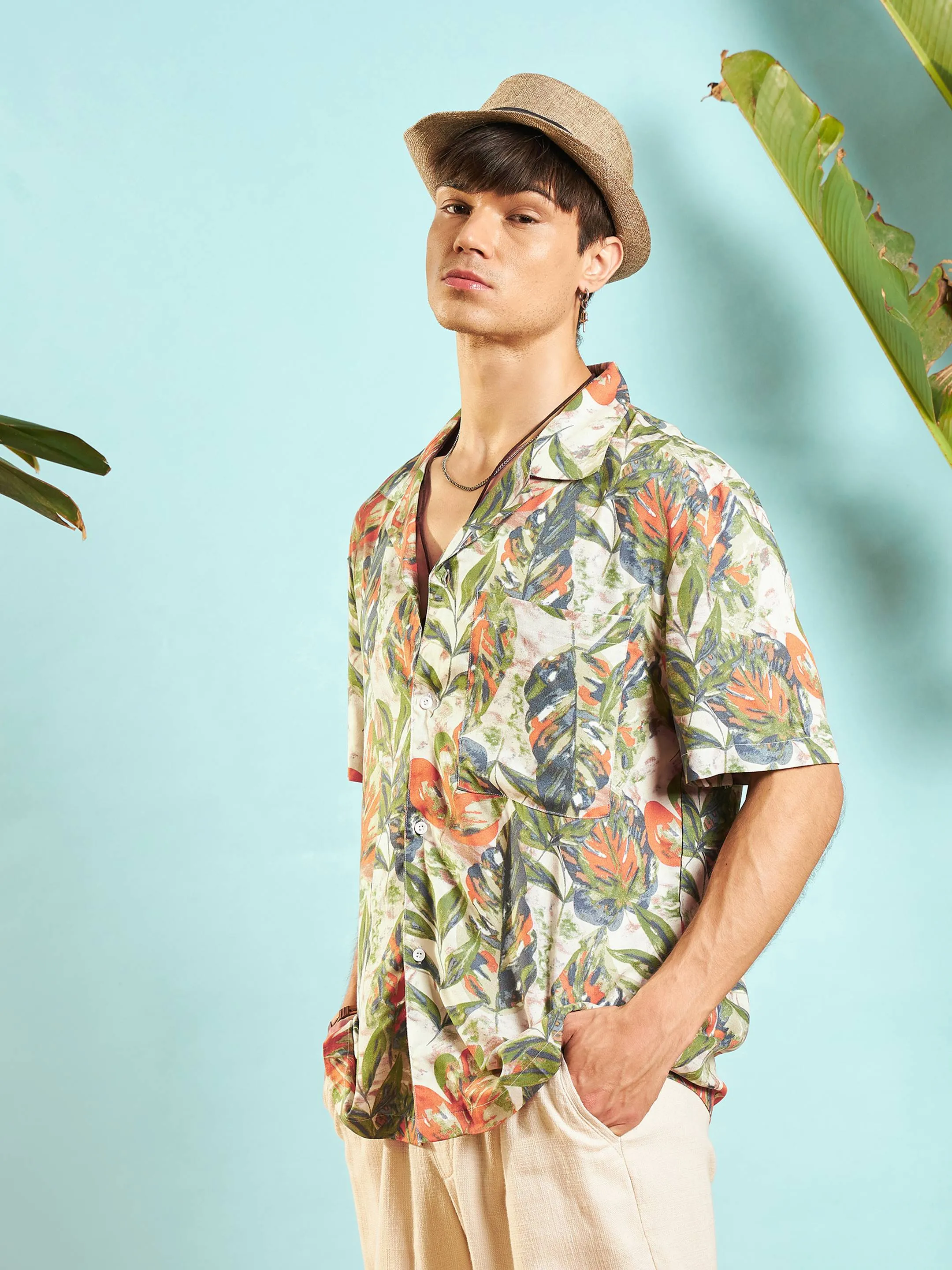 Men Beige Tropical Print Relax Fit Shirt