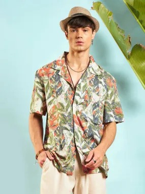 Men Beige Tropical Print Relax Fit Shirt