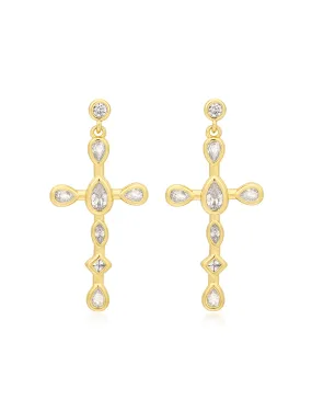 Mini Bezel Stone Cross Studs- Gold