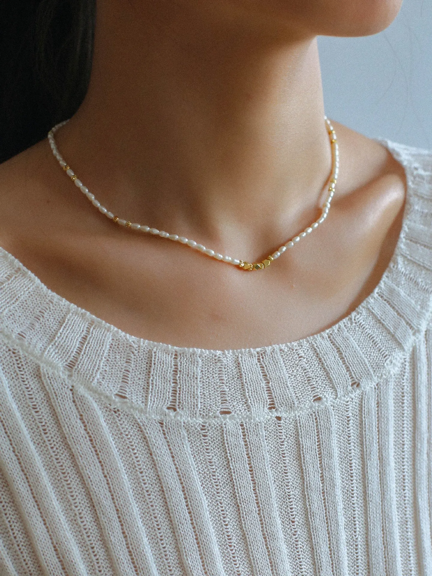 Minimalist Necklace with Small Gold Beads and Rice Pearls