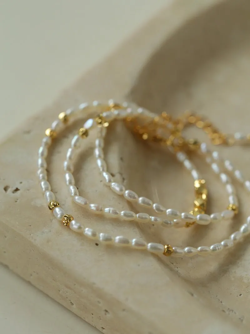 Minimalist Necklace with Small Gold Beads and Rice Pearls