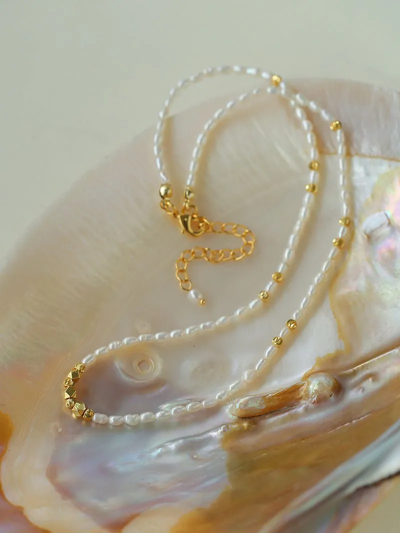 Minimalist Necklace with Small Gold Beads and Rice Pearls