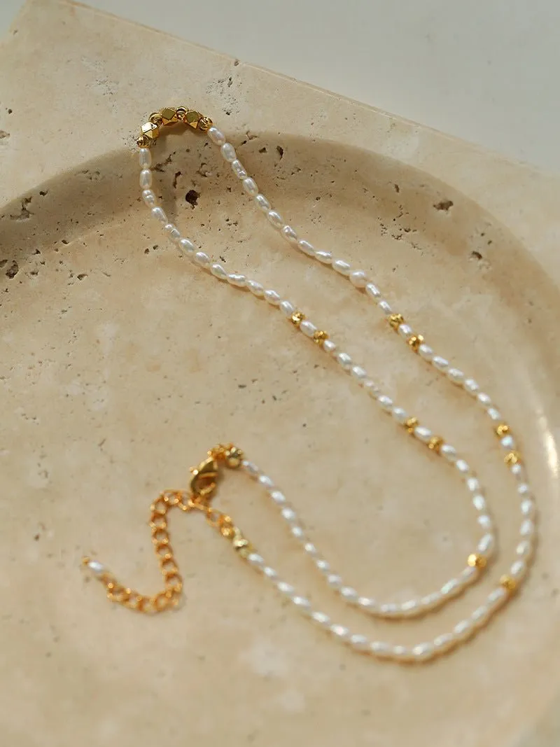 Minimalist Necklace with Small Gold Beads and Rice Pearls