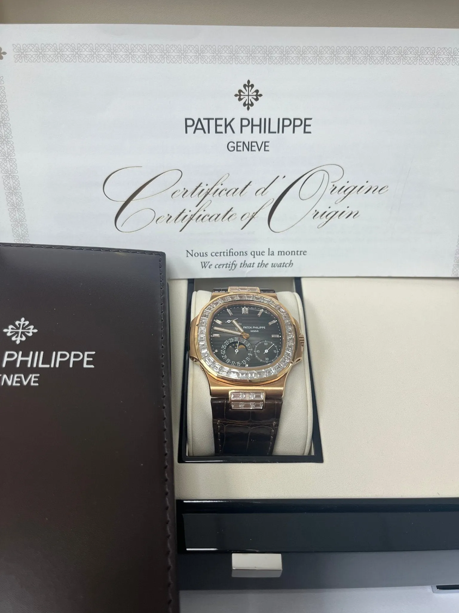 Patek Philippe Nautilus Rose Gold Diamond Bezel & Moon Phase Brown Dial 5724R 001