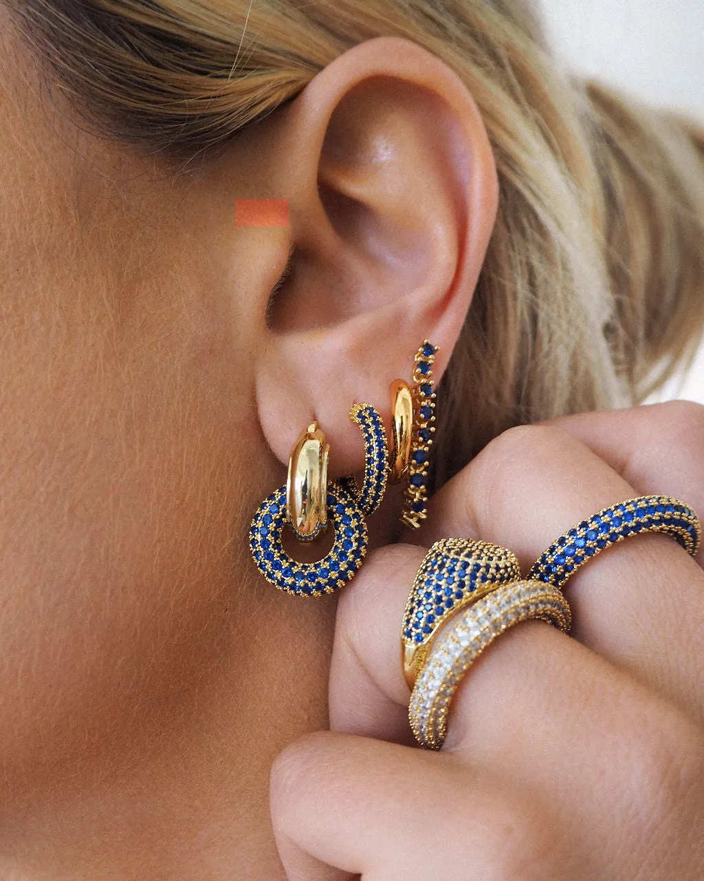 Pave Interlock Hoops- Blue Sapphire- Gold