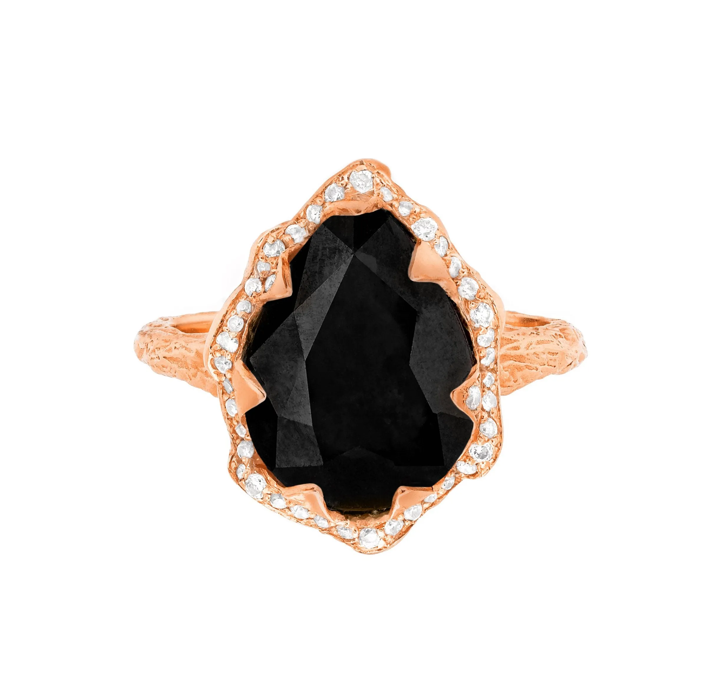 Queen Water Drop Onyx Ring with Full Pavé Diamond Halo