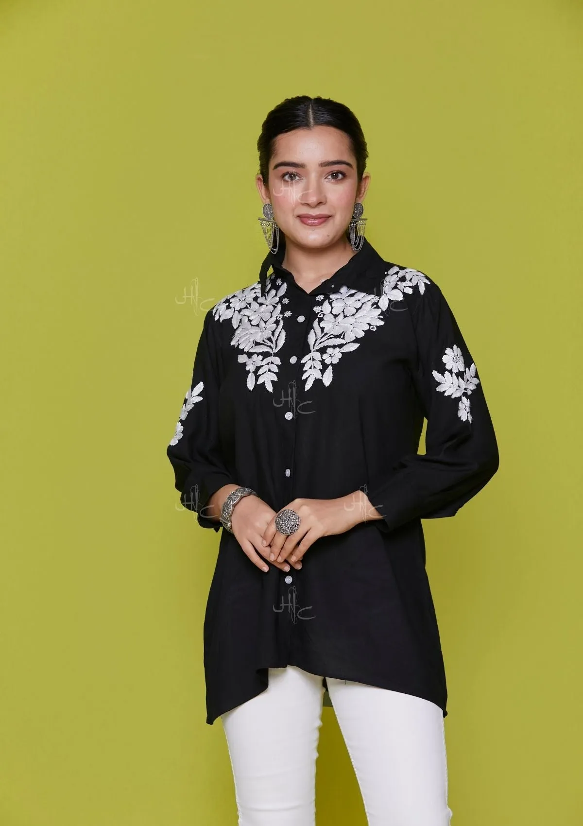 Rayon Chikankari Solid Women's Shirt - Black