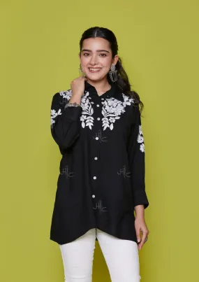 Rayon Chikankari Solid Women's Shirt - Black