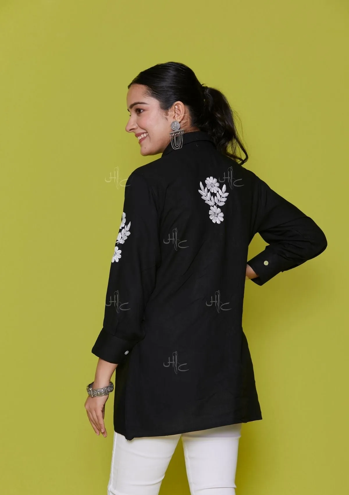 Rayon Chikankari Solid Women's Shirt - Black