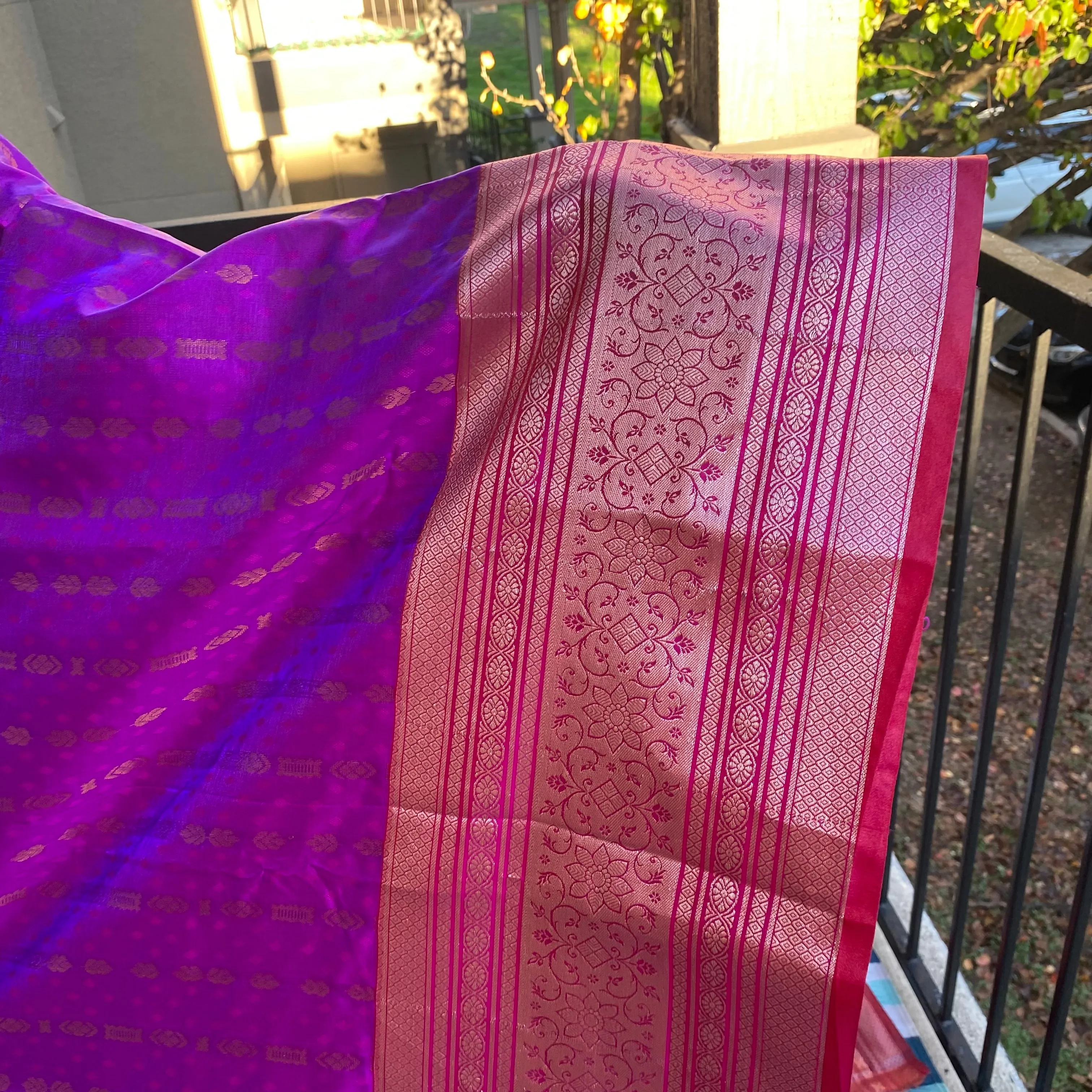 Regal Radiance: Purple & Pink Semi-Pattu Saree with Paithani Border and Buttis