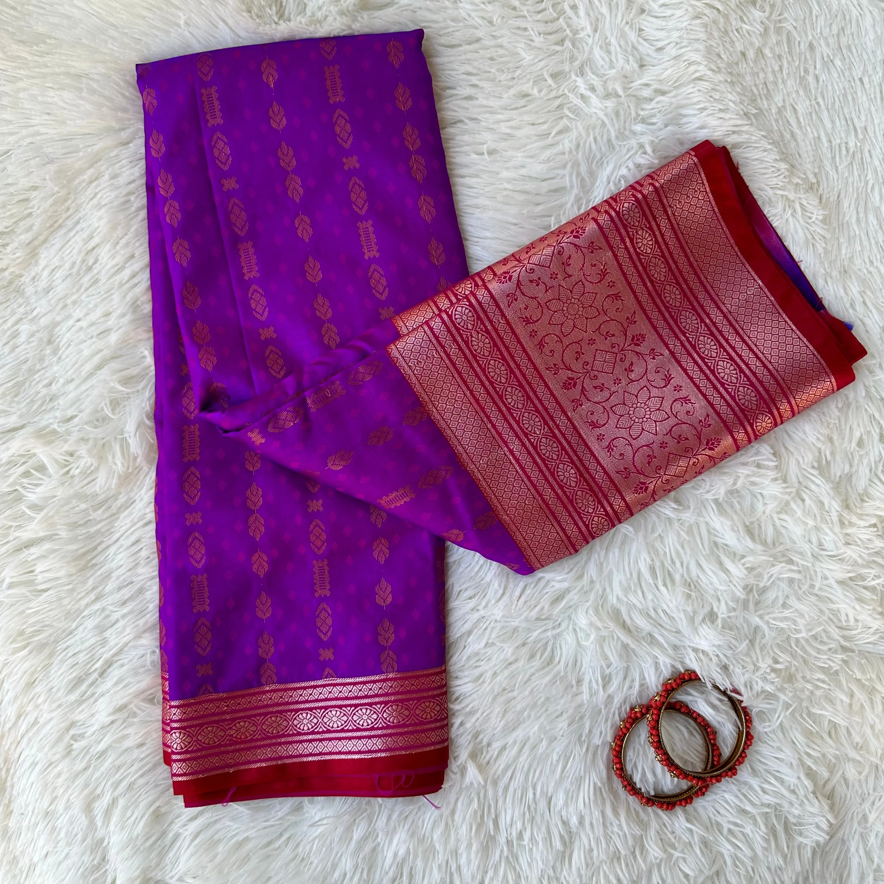 Regal Radiance: Purple & Pink Semi-Pattu Saree with Paithani Border and Buttis