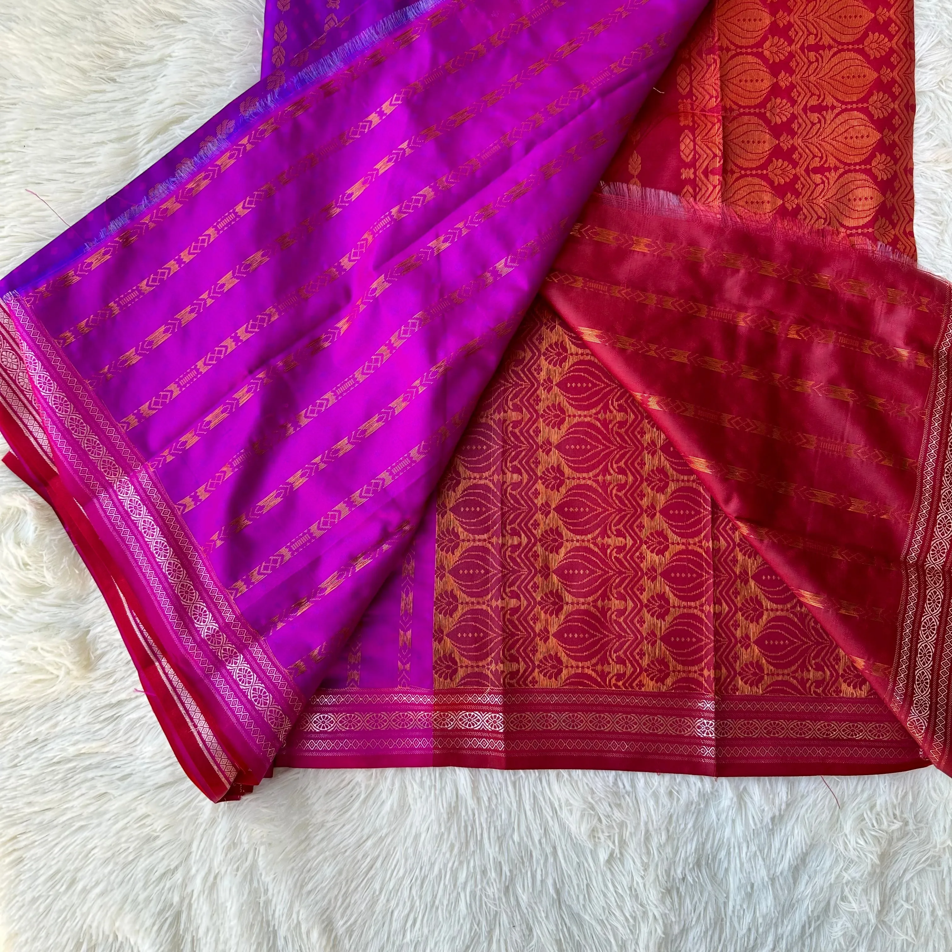 Regal Radiance: Purple & Pink Semi-Pattu Saree with Paithani Border and Buttis