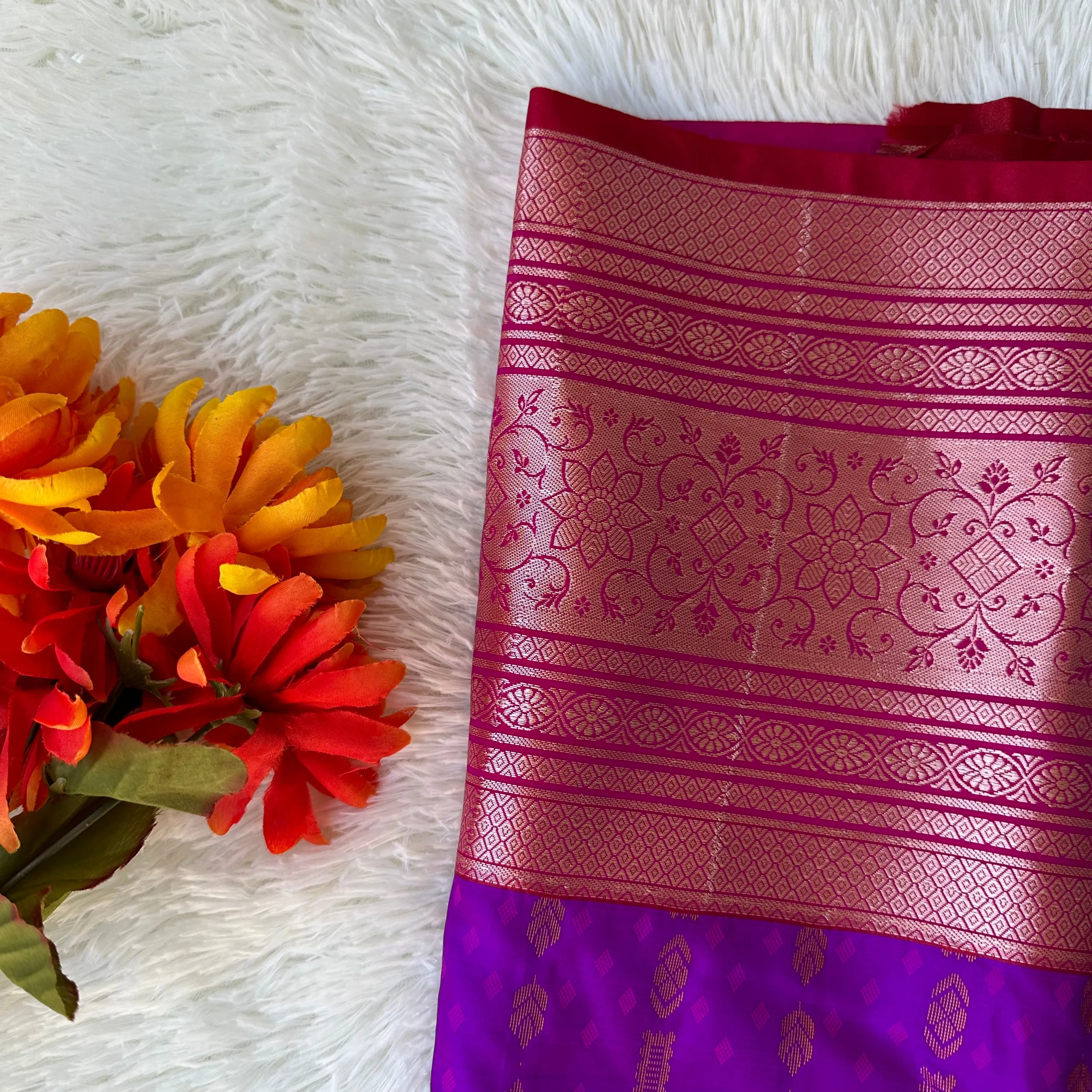 Regal Radiance: Purple & Pink Semi-Pattu Saree with Paithani Border and Buttis