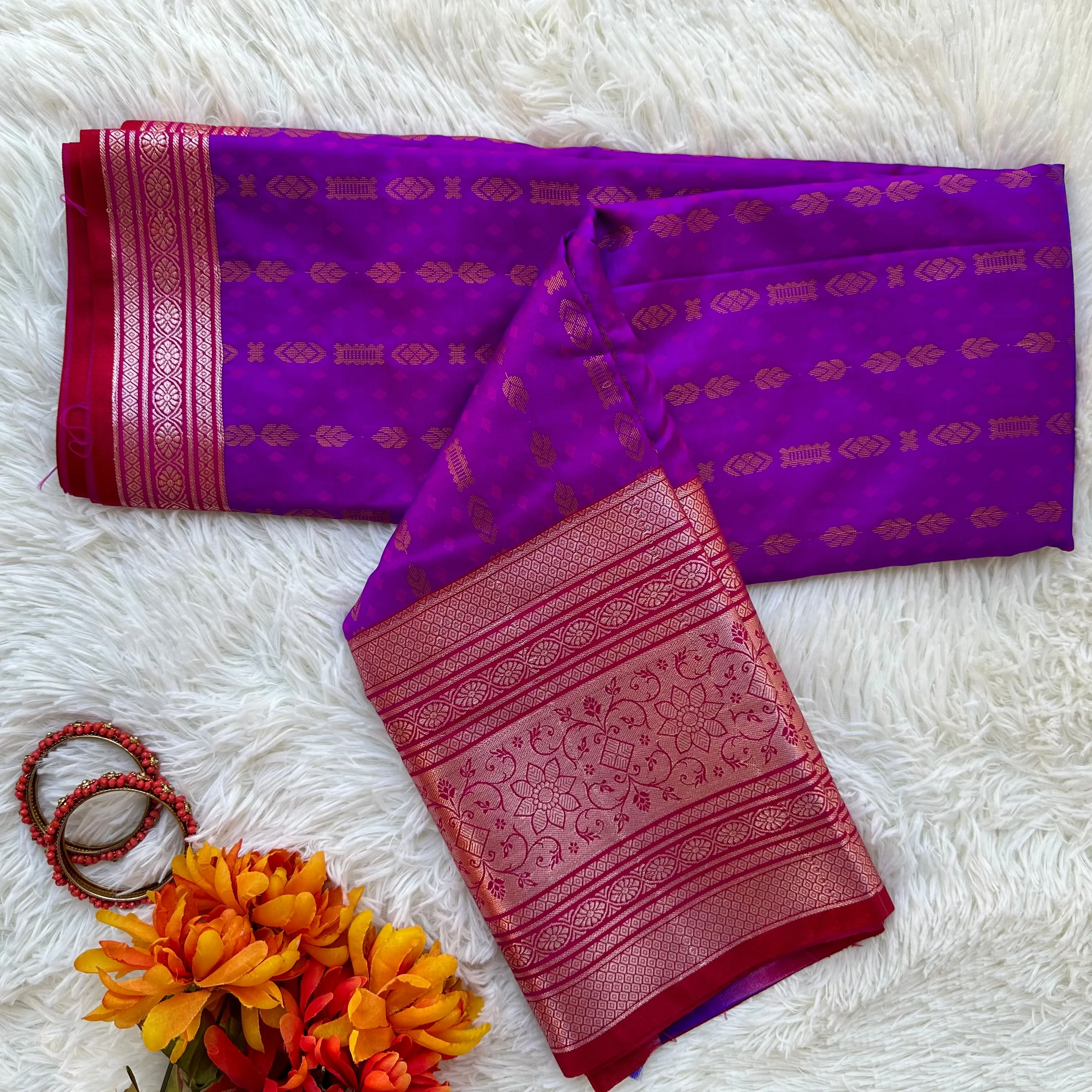 Regal Radiance: Purple & Pink Semi-Pattu Saree with Paithani Border and Buttis