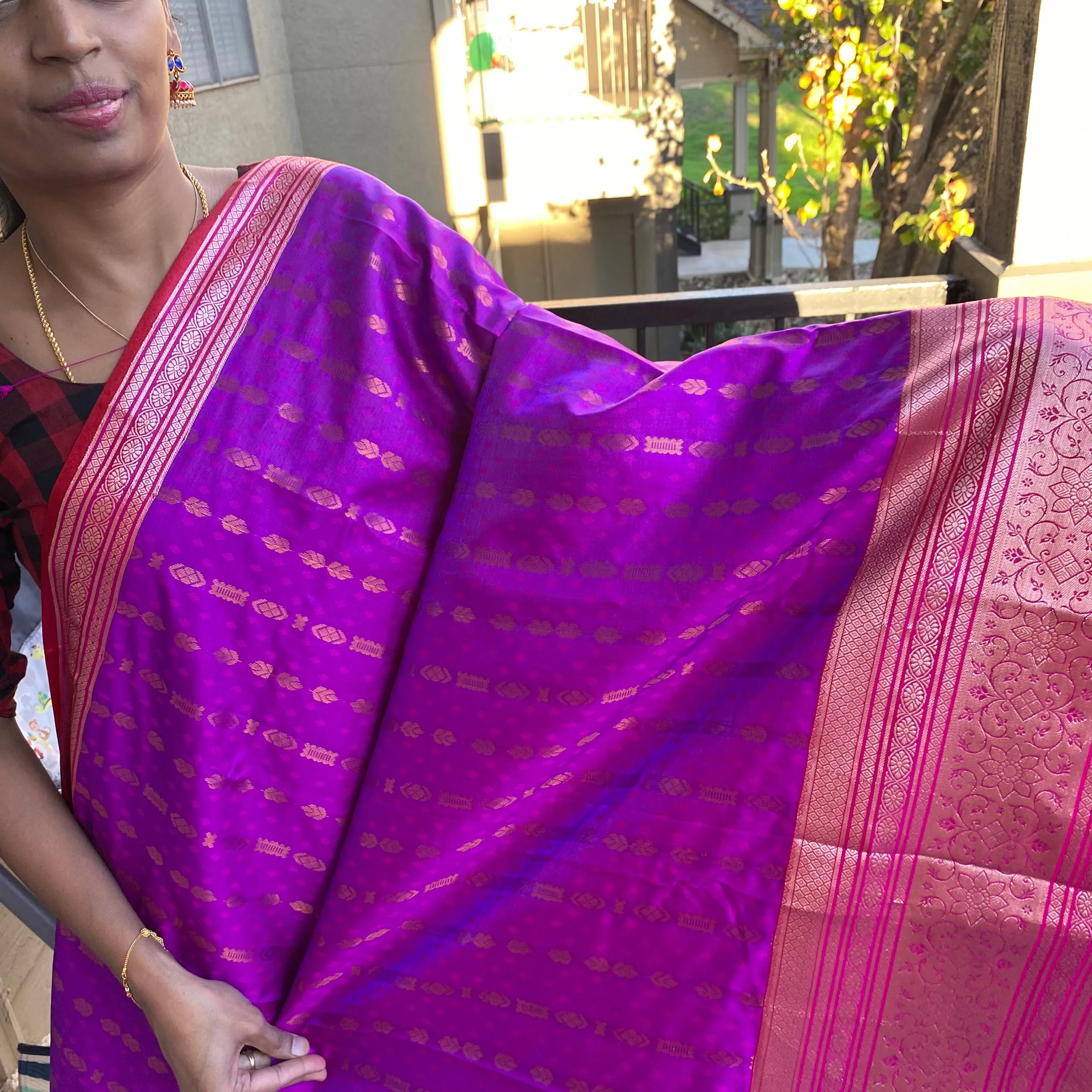 Regal Radiance: Purple & Pink Semi-Pattu Saree with Paithani Border and Buttis