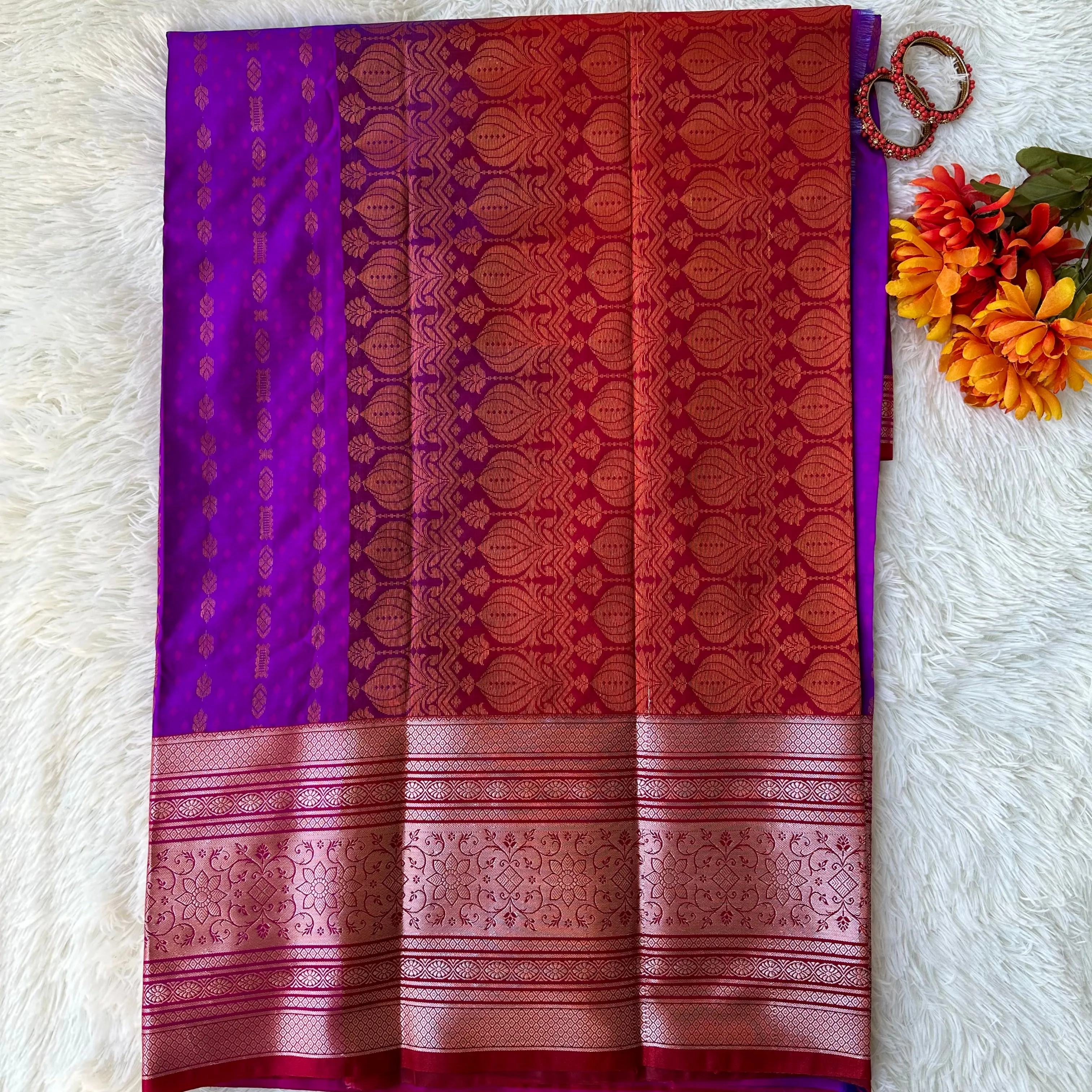 Regal Radiance: Purple & Pink Semi-Pattu Saree with Paithani Border and Buttis