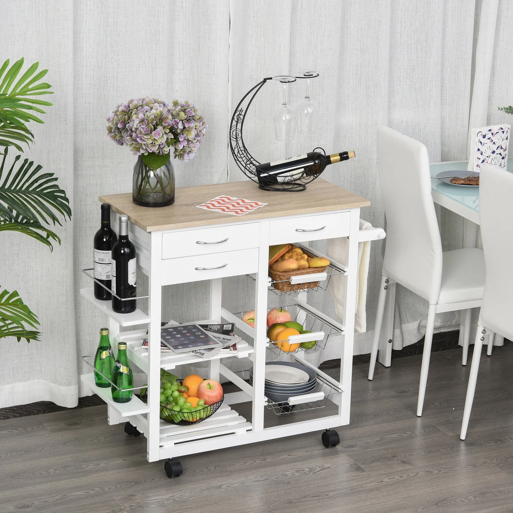 Rolling Kitchen Island on Wheels Trolley Utility Cart with Spice Racks, Towel Rack, Baskets & Drawers for Dining Room