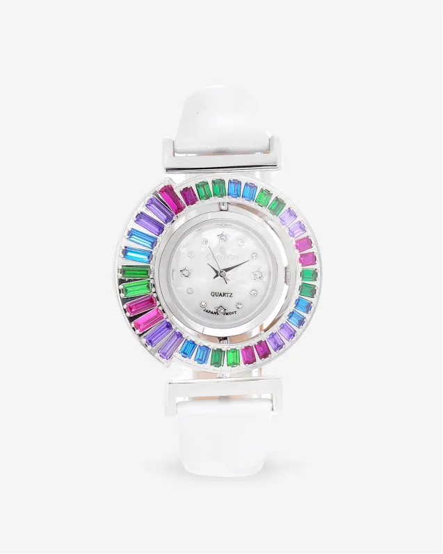 RotaLux Reversible Woman's Bezel With Crystal Accented Colors & Leather Strap